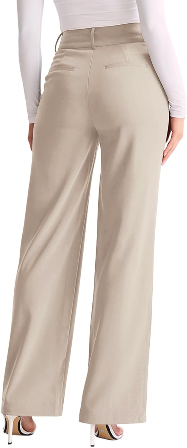 NIMIN Trousers Pants for Women Wide Leg Dressy Work Pants High Waisted Business Casual Outfits 2025 Summer Fashion Office Formal Slacks with Pockets Apricot - Image 2