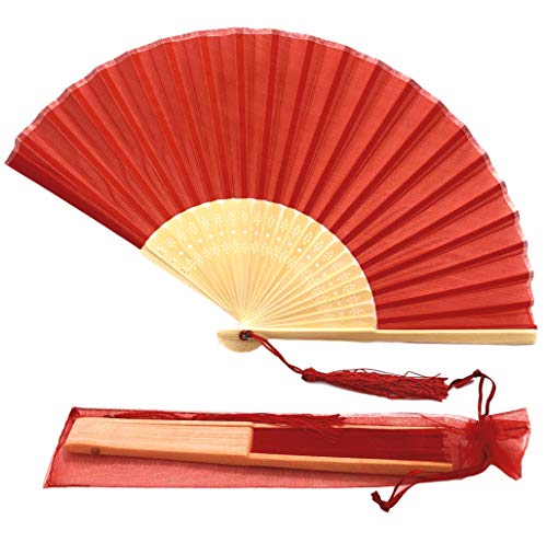 Image of Fabric Handheld Folding Hand Fan With a Tassel Grade A Bamboo Ribs for Women Girls Summer Party Event Favor Birthday Wedding Souvenir Gift (Red)