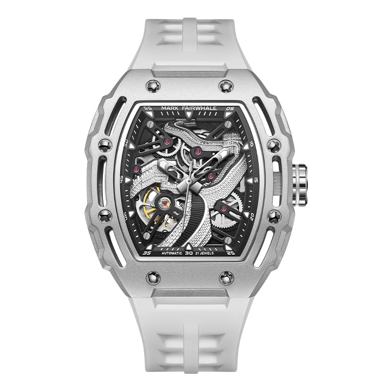 Verhux Watches for Men Automatic Luxury Tonneau Skeleton Mechanical Black White Silicone…