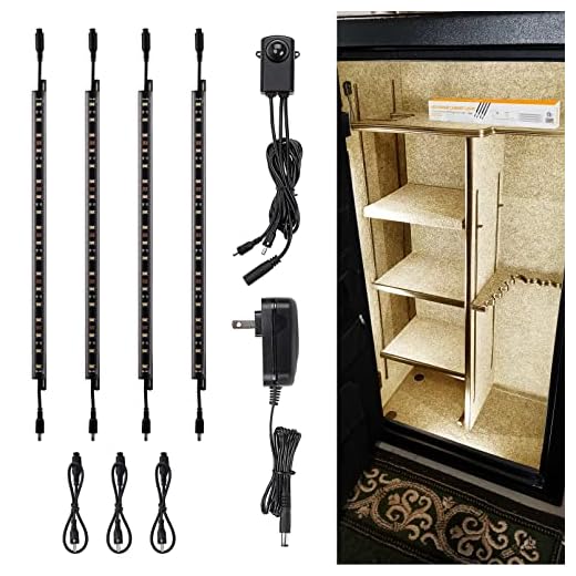 TORCHSTAR LED Safe Lighting Kit, (4) 12 Inch Linkable Light Bars + Motion Sensor + UL Power Adapter, for Under Cabinet, Gun Safe, Locker, Closet, Under Counter, Shelf, Showcase, 3000K Warm White, 4Pcs
