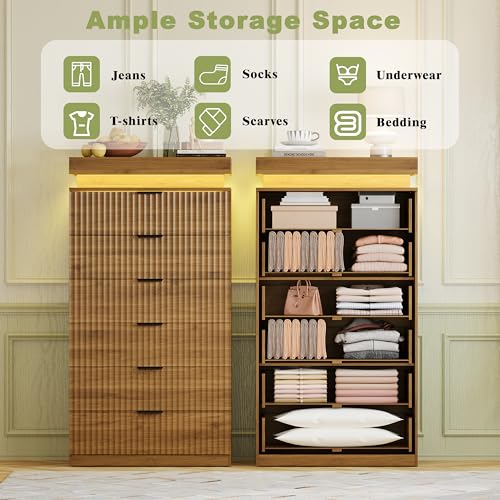 Image of Tall 6 Drawer Dresser with LED Lights and Charging Station, 53 inch Tall Wood Fluted Dresser for Bedroom, Walnut Modern Chest of Drawers for Closet Organizer Cabinet for Living Room, Hallway