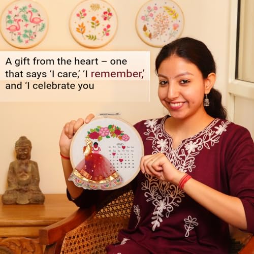 Image of picknMAKE Fabric DIY Personalized Wedding Anniversary Embroidery Kit for Beginners, Calendar Hoop Art with 3D Bride & Groom Design, Floral Motifs, & Display Stand Perfect for Weddings & Anniversaries
