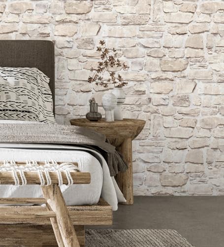 GAULAN 500683255 - Papel pintado vinílico imitación muro de piedra rústica tonos beige con textura en relieve para pared salón cocina dormitorio pasillo - Muestra DIN A4