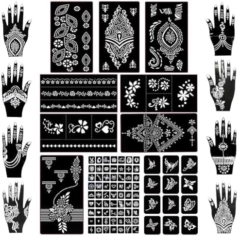Koogel 18 Sheets 97PCS Henna Tattoo Stencil Kit, Reusable Mehndi Templates