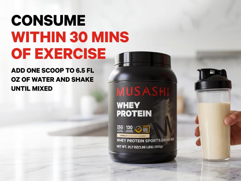 Image of Musashi Whey Protein Powder, Vanilla, 2kg (4.4 lb), WPC & WPI Blend, 25g Protein, 130 Calories per Serving