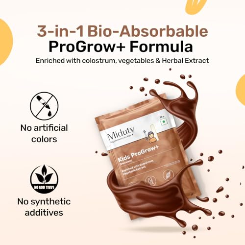 Image of Miduty ProGrow+ Kids Chocolate Shake with Whey, MCT & Colostrum - Supports Growth, Energy, Brain & Immunity - With Active Vitamins, Minerals & Herbal Extracts - Chocolate, 30g