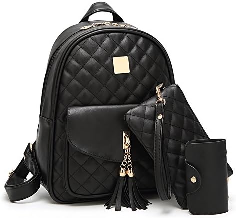 I IHAYNER Women's Simple Design Quilted Backpack Mini Backpack for Women 3 Pcs Leather Backpack Purse for Women Mini Backpack for Ladies Black