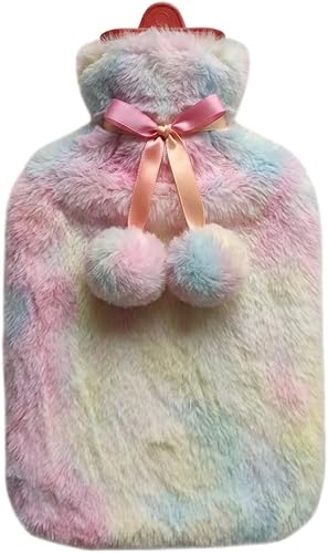 Hot Water Bottle 2 Litre with Faux Fur Plush Cover, Tie-Dye, Luxury Design with Pom-Pom and Ribbon Bow (Rainbow Marshmallow)