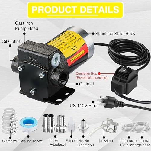 Image of 110V AC Self-priming Gasoline Diesel Oil Fuel Transfer Explosion-proof Pump Kit with Suction /Discharge Hose & Nozzle for Gasoline Diesel Kerosene & More