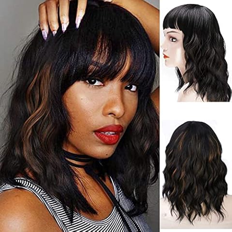 REVIVI Short Bob Wigs for Women Black mixed Brown curly Wigs with Bangs Natural Heat Resistant Fiber for Daily Use 14" Cover