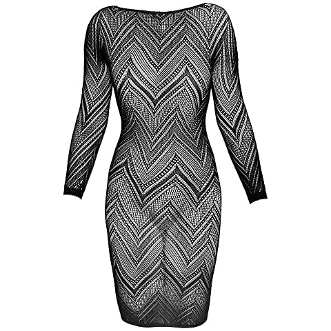 Orion Kleid - sexy Midi-Kleid für Frauen, aus transparentem Zick-Zack-Muster, Langarm-Schnitt, rückenfrei, Knielang, figurbetont, schwarz Cover