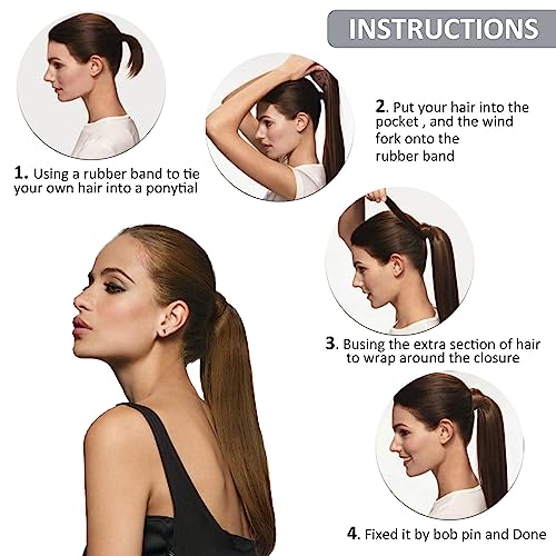 Caliee Ponytail Extension Human Hair 18Inch Clip In Wrap Around Ponytail Hair Extensions For Women Virgin Straight Ponytail Human Hair Real Ponytail Hair Piece Long Straight 4 Medium Brown 80G #TOP3