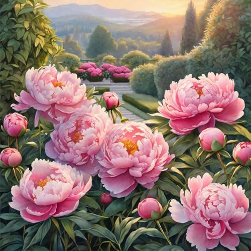 Image of Peony Flower 5D DIY Diamond Painting Kits for Adults, Floral Garden Diamond Art Kits for Beginners, Full Drill Round Dot Painting Gem Art Kits for Home Wall Decor 13.8x13.8 Inch