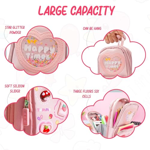Image of Canvas School Bag Pencil Case, 3 Layer 6 Compartment Large Capacity, Aesthetic Pencil Pouch for Stationary, Cute Stationery for Kids, Pencil Case for Girls & Boys (Happy TIME Pink)