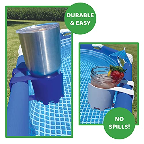 Storage Theory Plastic Cup Holder Set For Above Ground Swimming Pool - 4 Cup Holders For Drinks, Cups And Accessories - Fits 2” Or Less Round Bar Top Rails - Blue #TOP3
