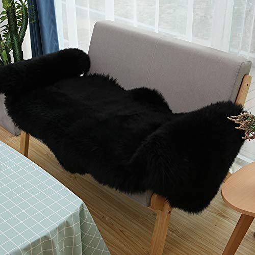 Huahoo Black Sheepskin Rug Double Pelt Natural Fur Rugs Blanket Seat Covers -2Ft X 6Ft Genuine Sheepskin Rug For Kids Bedroom Sofa Chair Cover Seat Cushion Pad Pets Dogs Mat #TOP4