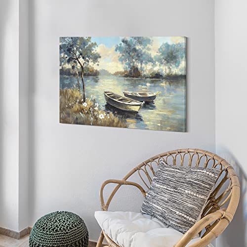 Double Trees Lake Landscape Wall Art Canvas: Bedroom Living Room Abstract Tree Flower Oil Painting Modern Nature Boats Scene Picture Contemporary Gallery Forest Print Artwork For Home Office Decor #TOP4