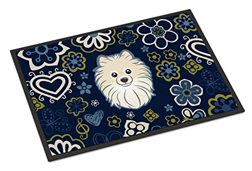 Caroline's Treasures BB5058JMAT Blue Flowers Pomeranian Doormat 24x36 Front Door Mat Indoor Outdoor Rugs for Entryway, Non Slip Washable Low Pile, 24H X 36W by Caroline's Treasures - Used condition - US$14.65