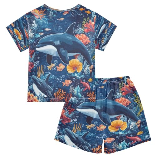 Pajama Sets Short Sleeve Ocean Life Dolphin Pattern Soft Cotton Summer Sleepwear 2 Piece PJS Size 5-14T2
