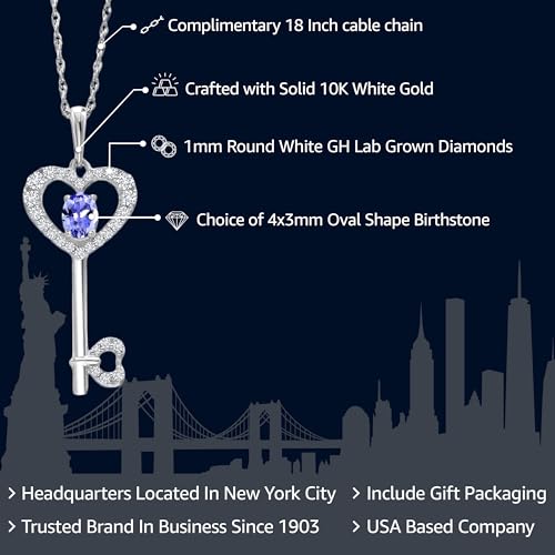 Gem Stone King Heart Shape Key Pendant Necklace For Women | 10K White Gold | Customized and Personalized 8X3MM Oval Gemstone Birthstone and White Lab Grown Diamond | With 18 Inch Chain2