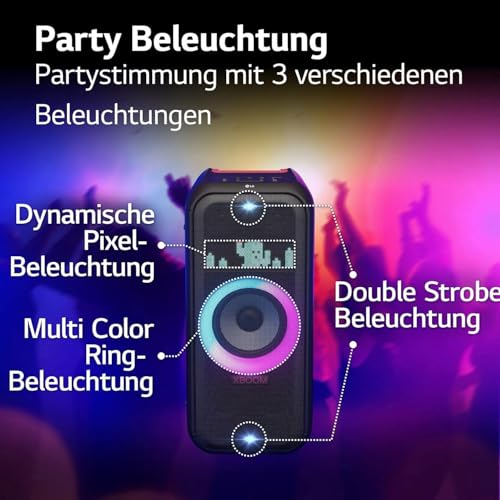 LG xboom DXL7T, rollbarer Bluetooth-Lautsprecher (250 W, Karaoke- & DJ-Funktionen, Beleuchtung), Schwarz [Modelljahr 2024]