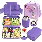 Preppy Lunch Box for Girls with 10oz Thermo, with 6 Compartment Bento Box, Purple Nylon Insulated Lunch Bag Adjustable Strap for Girl Kids Teens School Travel Picnic