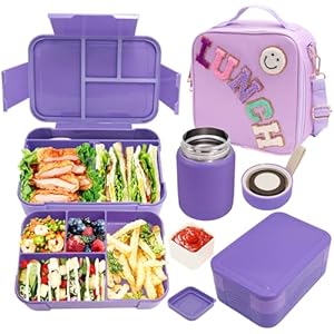Preppy Lunch Box for Girls with 10oz Thermo, with 6 Compartment Bento Box, Purple Nylon Insulated Lunch Bag Adjustable Strap for Girl Kids Teens School Travel Picnic