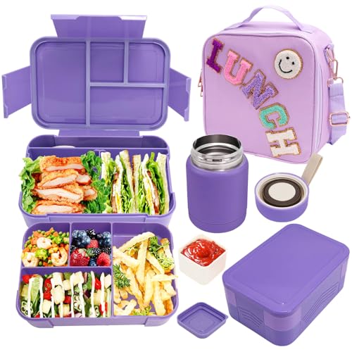Preppy Lunch Box for Girls with 10oz Thermo, with 6 Compartment Bento Box, Purple Nylon Insulated Lunch Bag Adjustable Strap for Girl Kids Teens School Travel Picnic
