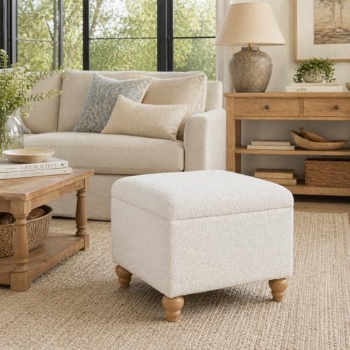 Image of HomePop 22 inch Medium Rectangular Storage Ottoman - Cream Boucle