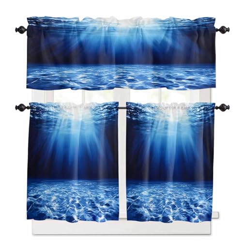 Blue Ocean Kitchen Curtains 24 Inch Length,3 Piece Rod Pocket Small Half Tiers and Valance Set,Underwater Water Waves Seascape Nature Sea Small Large Window Treatment Decor for Bedroom/Bathroom Sink