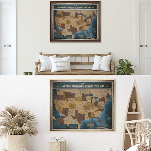 Image of DECORARTS - Personalized Framed USA Push Pin Travel Map in Deep Blue, Balanced Vintage Explorer Style, Custom Name or Phrase, Blue Map Wall Decor Giclee Canvas for Living Room or Office, Made in USA