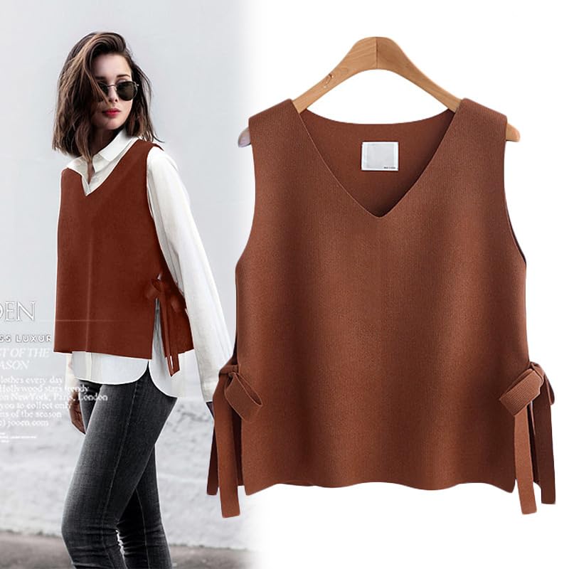 Womens Side Bandage Sweater Vest Casual V Neck Sleeveless Pullover Sweater Solid Color Knit Vest Tops2