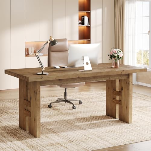 TRIBEWOOD 63-Inch Executive Desk, Solid Wood Office Computer Desk with Large Tabletop, Farmhouse Writing Conference Table Workstation for Home Office, Rustic Brown