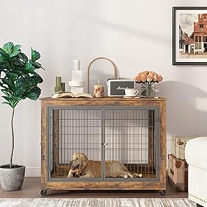 IchbinGo Dog Crate Furniture Wooden Dog Crate Table 437 Dog Kennel with 3 Doors Flip up Top Opening and Wheels Decorative Pet Crate House for LargeMediumSmall Dog Indoor Use Rustic Brown