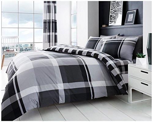 Checkered Duvet Cover Sets 3 pcs Soft & Warm Polycotton Printed Bedding Double Bed Set Grey