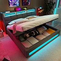 4ft6 Double Ottoman Bed With Storage, Hydraulic Lift Upholstered Bed Frame With LED Lighting & USB & Type C Charging, Linen Functional Beds With LED - View #9