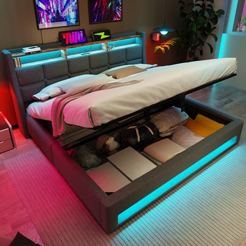 6ft Super King Size Upholstered Bed Frame with Hydraulic Lift & LED Storage Headboard Functional Ottoman Bed with LED Lighting & USB Type-C Charging Linen Gas Lift Bed with Slat No Mattress Grey
