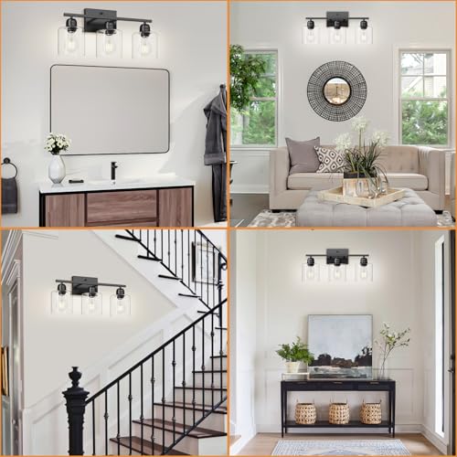 Image of Modern 3 Light Bathroom Light Fixtures, 19 inch Black Vanity Lights For Bathroom With Clear Glass, Bathroom Lighting Fixtures Over Mirror For Mirror Kitchen Living Room Hallway Cabinet Porch