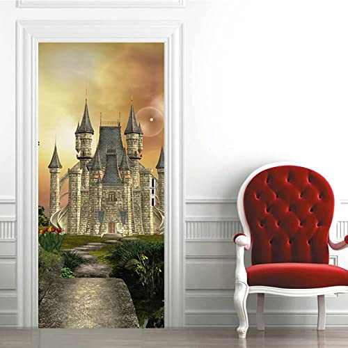HAOTING Papel Pintado Puerta Adhesivo para Puerta Papel Pintado para Puerta Autoadhesivo Paisaje y Castillo Póster para Puerta Efecto 3D Papel Pintado fotográfico Lámina para Puerta Póster