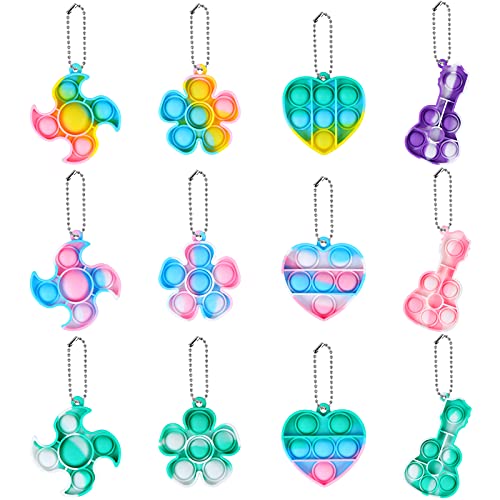 EVERMARKET 12 Pack Mini Push Pop Bubble Fidget Sensory Toys Keychains,Silicone Rainbow Simple Fidget Toy Pack Keychain Bubble Popper Stress Relief Toys Relax Tools Party Favors for Kids Adults