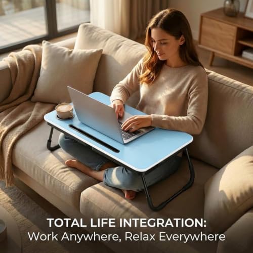Image of BUYIFY 23.4 inch Foldable Lap Desk Bed Table with Cup Holder Tray Blue