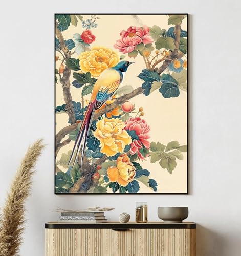 Peinture murale fleurs et oiseaux sur toile vintage pour créer un salon cosy et coloré