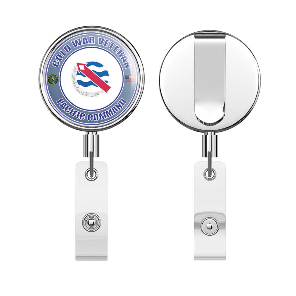 U.S. Army Cold War Pacific Command Unit Crest Veteran Round ID Badge Key Card Tag Holder Badge Retractable Reel Badge Holder with Belt Clip