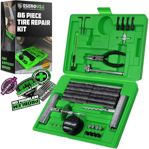 Rhino USA Tire Repair Kit (86-Piece) Professional Heavy Duty Tire Plug Kit to Fix Punctures & Patch...