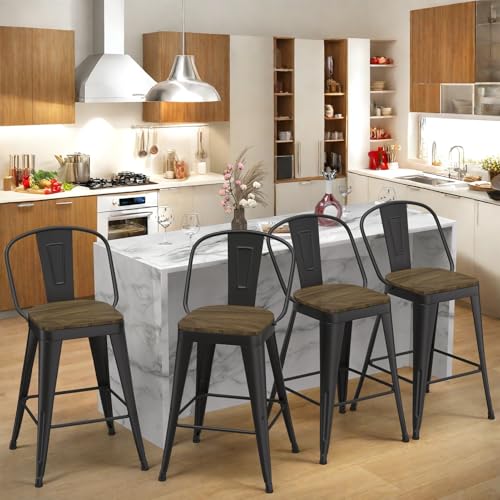 Butacos de Barra de 26 Pulgadas, Juego de 2 Unidades, con Espaldar Alto y Asiento de Madera, Butacos Industriales de Metal para Isla de Cocina (Negro Mate) miniatura 7