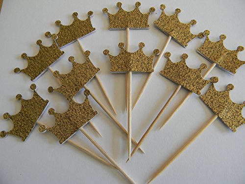 Set of 24 Gold glitter crown cupcake toppers