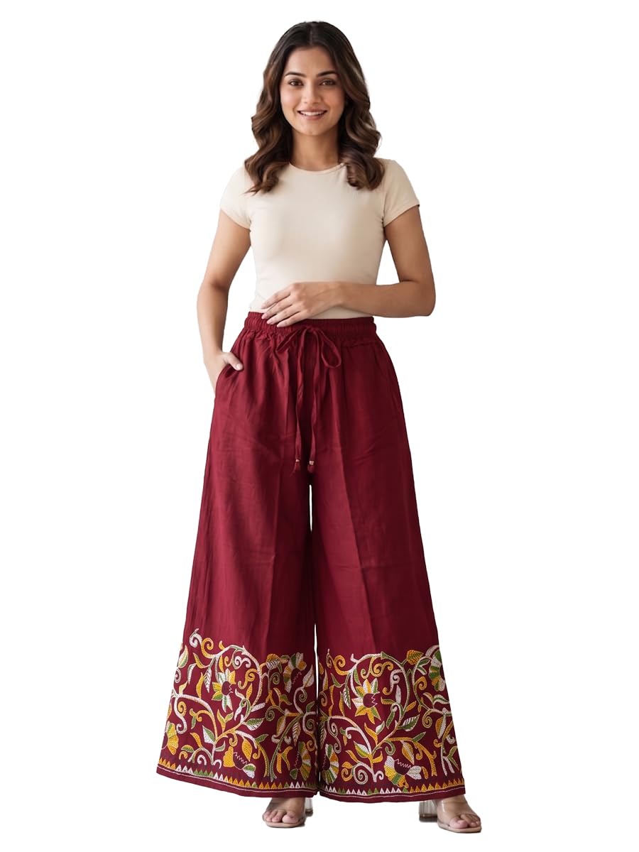Women's Hand Embroidered Kantha Stitch Cotton Palazzo with Pocket (Maroon- 0626008; Free Size)-picture-57