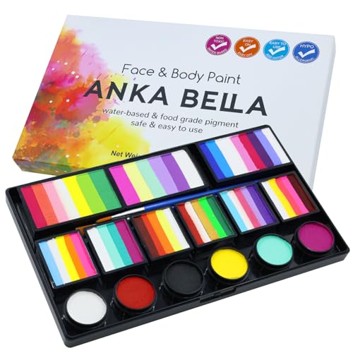 Anka Bella Professional Water Activated Face Paint Non Toxic Face Painting Kit for Kids & Adults include Rainbow Cake One Stroke Split Cake and Solid Color Face Paint Palette Washable and Reusable