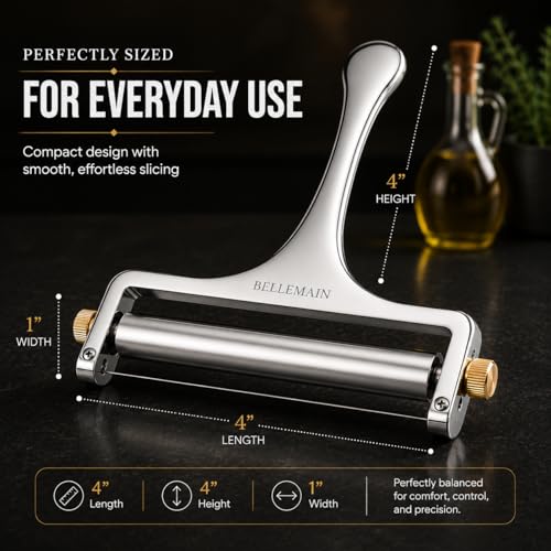Image of Bellemain Stainless Steel Wire Cheese Slicer with 2 Extra Wires - Handheld Cheese Cutter for Block Cheese, Adjustable Thick & Thin Slices for Cheddar, Gruyere, Raclette & Mozzarella (Silver)