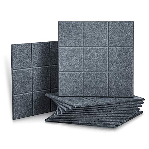 12 Pack Set Acoustic Absorption Panel, 12 X 12 X 0.4 Inches Acoustic Soundproofing Insulation Panel Bevled Edge Tiles, Acoustic Treatment Used in Home & Offices, 9 Blocks Square Design (Dark Grey)